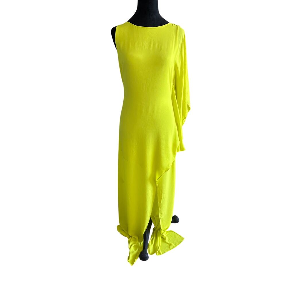 BCBGMAXAZRIA Janus Lime Maxi Dress Size 4 Asymmetric Cape Sleeve Gown Chartreuse
